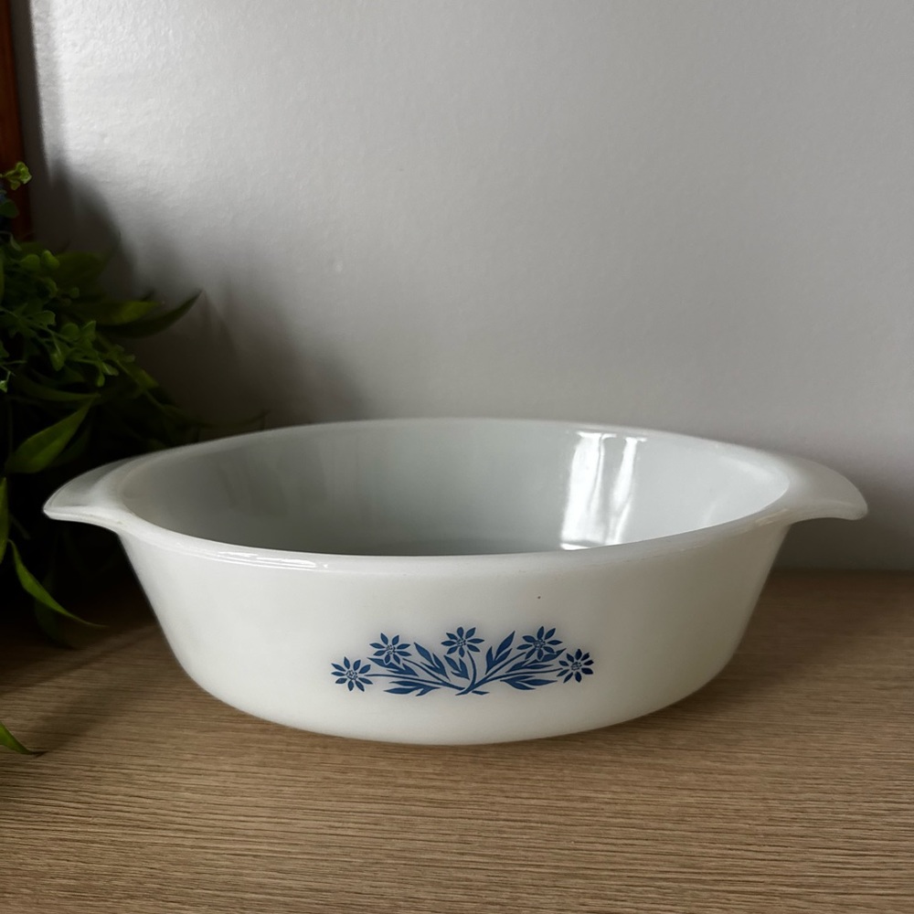 Anchor Hocking White Milk Glass Baking Dish with Blue Floral Design